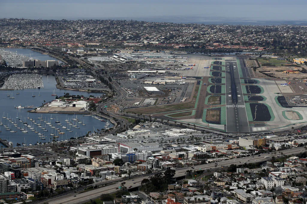 Aerial view of the San Diego International Airport in San Diego on March 20, 2020. (Sean M. Haffey/Getty Images)