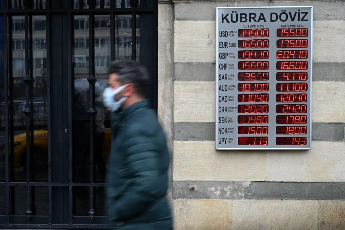 A man walks in front of a screen showing rates against Turkish lira near a currency exchange agency at Kaarakoy in Istanbul on Dec.16, 2021 in Istanbul. (Ozan Kose/AFP via Getty Images)