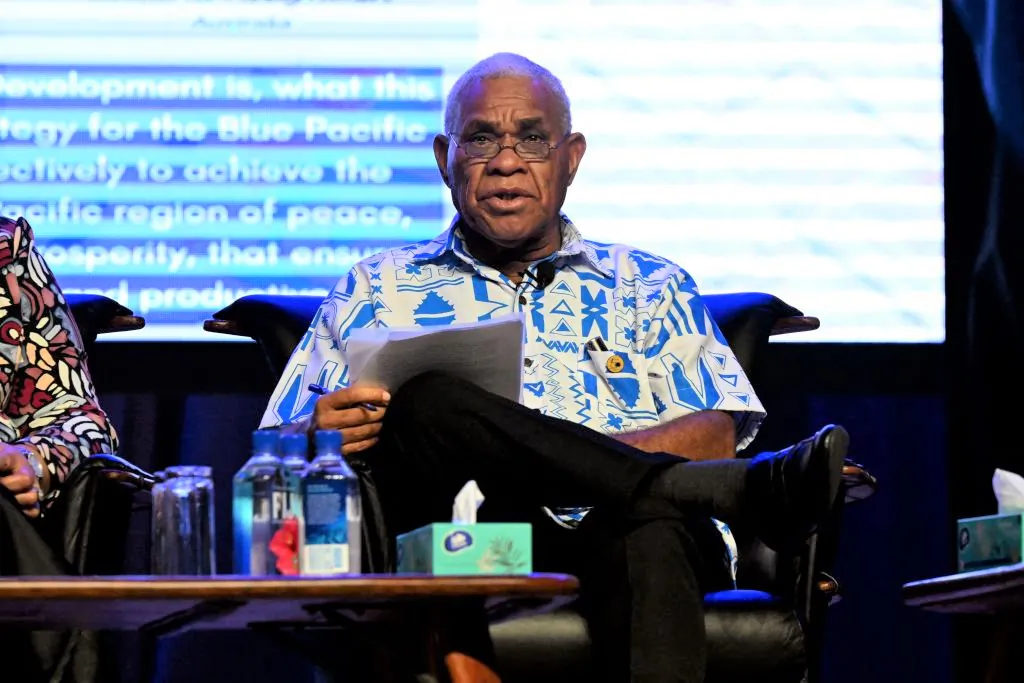 Vanuatu Prime Minister Bob Loughman speaks at a panel discussion during the Pacific Islands Forum (PIF) in Suva, Fiji on July 12, 2022. (William West/AFP via Getty Images)