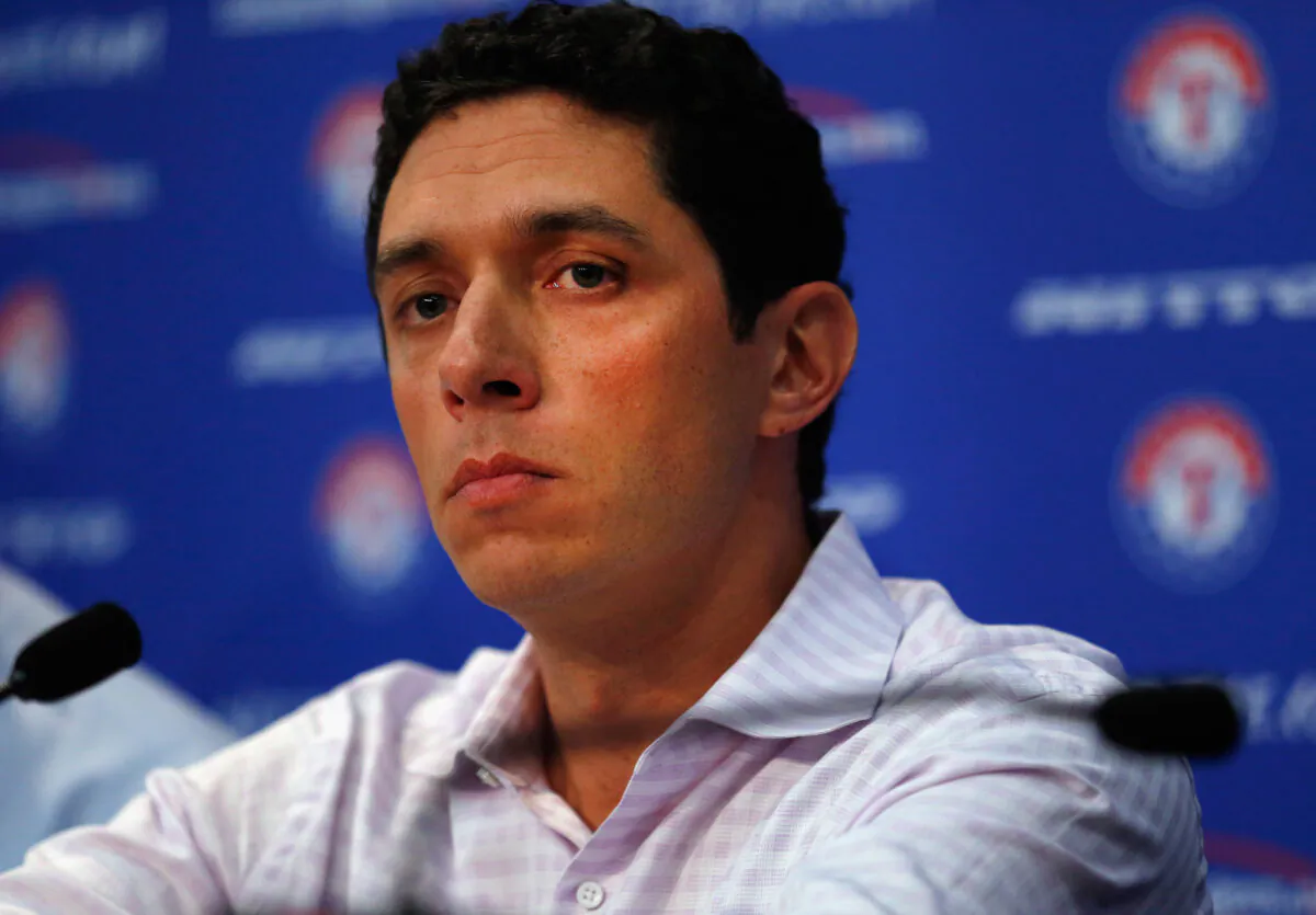 President of Baseball Operations and General Manager Jon Daniels of the Texas Rangers talks with the media at Globe Life Park in Arlington in Arlington, Texas, on Sept. 5, 2014. (Tom Pennington/Getty Images)