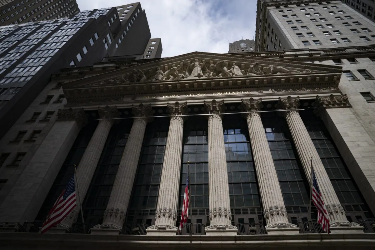 Statues adorn the facade of the New York Stock Exchange in New York on July 14, 2022. (John Minchillo/AP Photo)