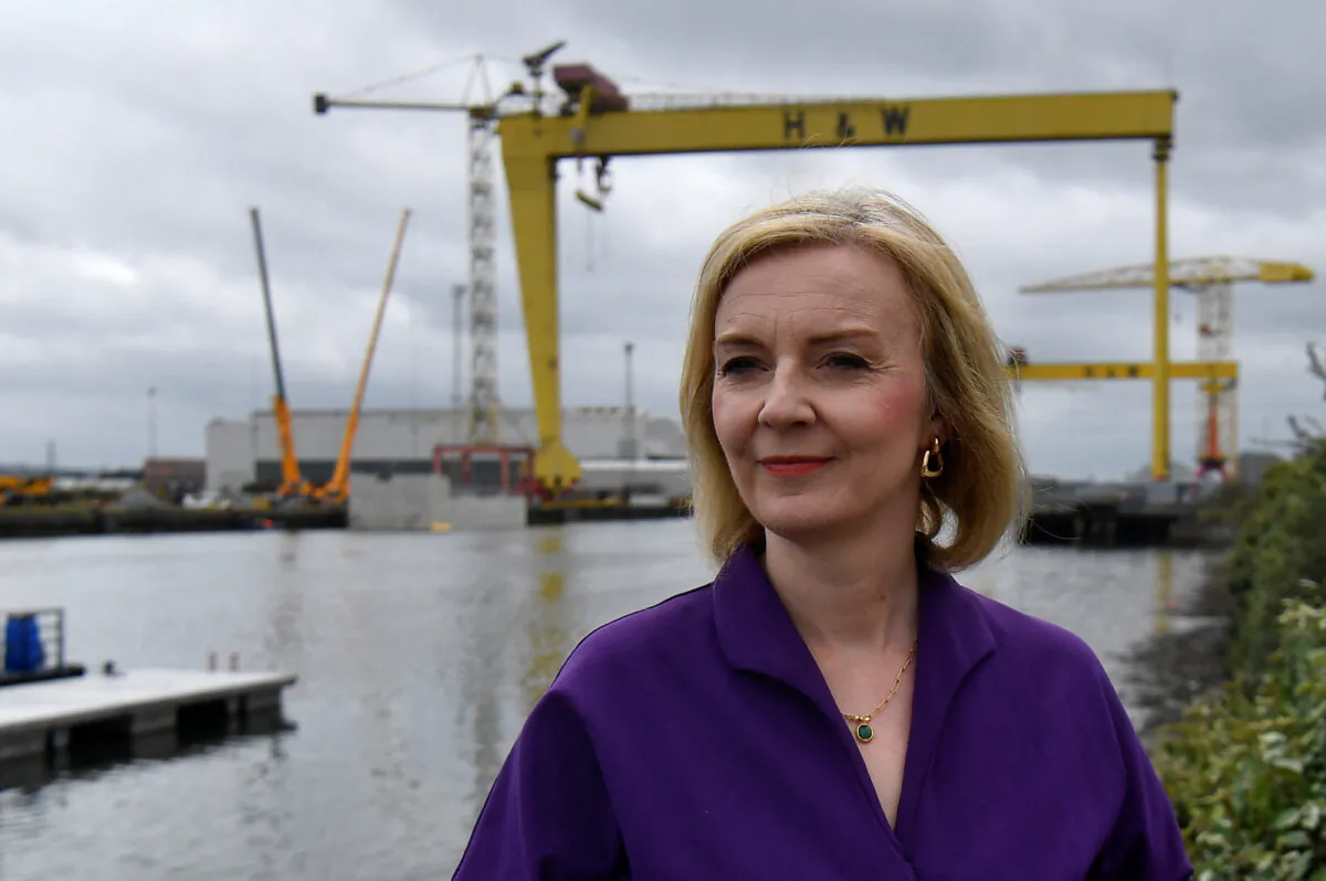 British Foreign Secretary and Conservative leadership candidate Liz Truss attends a campaign event at Artemis Technologies in Belfast Harbour, in Belfast, Northern Ireland, on Aug. 17, 2022. (Clodagh Kilcoyne-Pool/Getty Images)