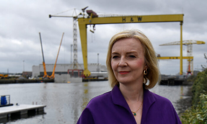 British Foreign Secretary and Conservative leadership candidate Liz Truss attends a campaign event at Artemis Technologies in Belfast Harbour, in Belfast, Northern Ireland, on Aug. 17, 2022. (Clodagh Kilcoyne-Pool/Getty Images)