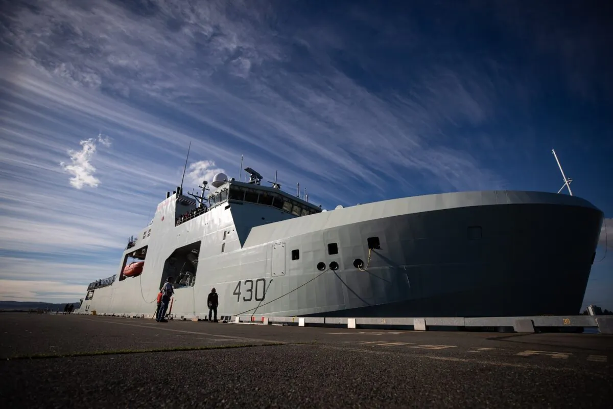 The Royal Canadian Navy's newest arctic and offshore patrol ship, HMCS Harry DeWolf, docks in Victoria, B.C., after arriving from Vancouver on Oct. 3, 2021. (The Canadian Press/Darryl Dyck)