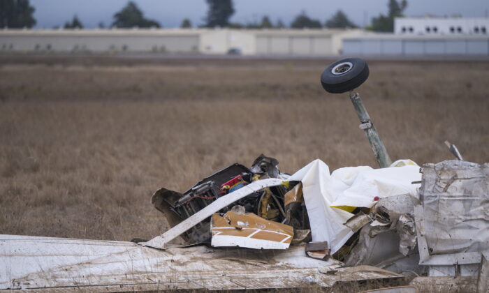 Wreckage from a plane crash at Watsonville Municipal Airport in Watsonville, Calif., on Aug. 18, 2022. (Nic Coury/AP Photo)