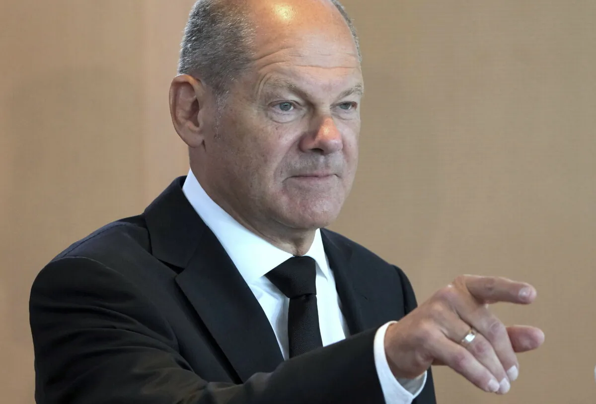 German Chancellor Olaf Scholz attends the weekly cabinet meeting at the chancellery in Berlin, Germany, on Aug. 10, 2022. (Michael Sohn/AP Photo)