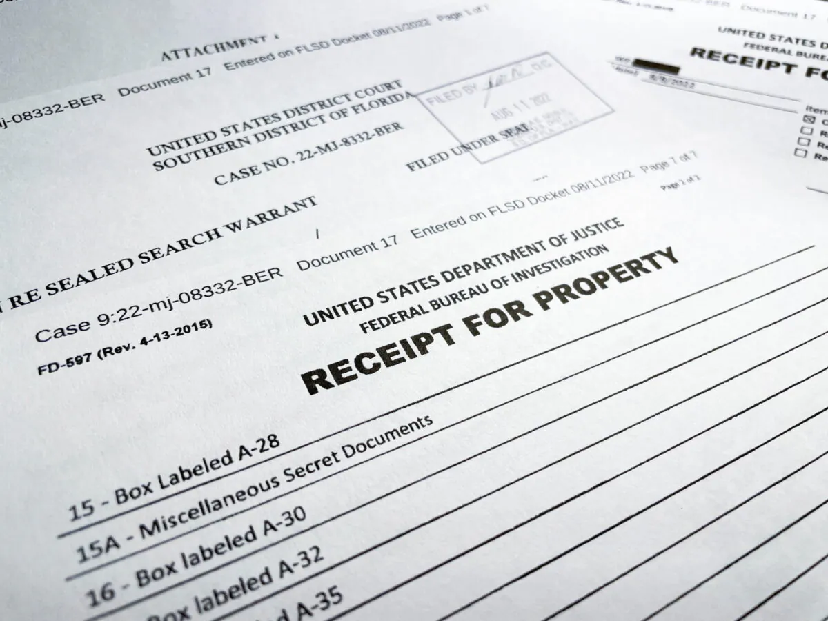 An itemized receipt for property seized in the execution of a search warrant by the FBI at former President Donald Trump's Mar-a-Lago estate includes "Miscellaneous Secret Documents" after being released by the U.S. District Court for the Southern District of Florida in West Palm Beach on Aug. 12, 2022.  (Jim Bourg/REUTERS)