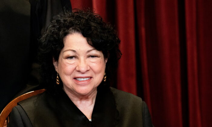 Associate Justice Sonia Sotomayor poses during a group photo of the Justices at the Supreme Court in Washington, April 23, 2021. (Erin Schaff/Pool via REUTERS)