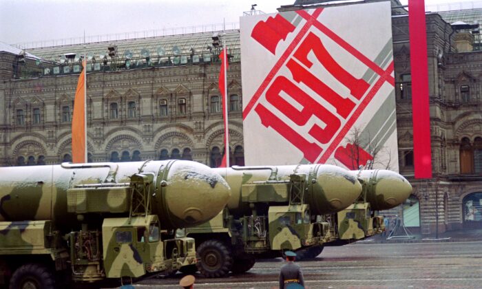Soviet SS-25 missiles are seen on Moscow's Red Square during the celebrations of the 1917 October Revolution on Nov. 7, 1990. (Andre Durand/AFP via Getty Images)