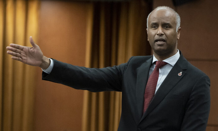 Housing and Diversity and Inclusion Minister Ahmed Hussen rises during Question Period, in Ottawa,  April 28, 2022. (The Canadian Press/Adrian Wyld)