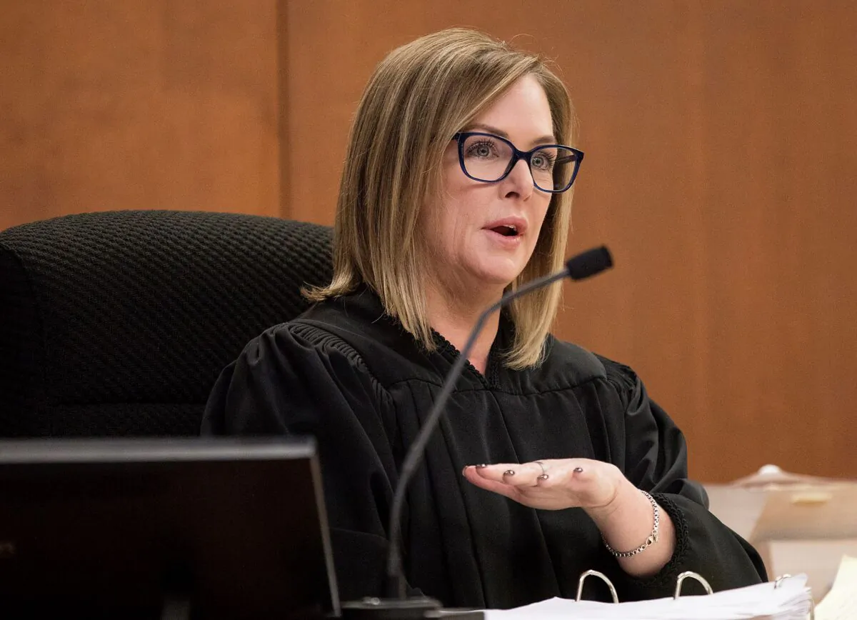 The Hon. Kellie Johnson presides over a hearing in Pima County Superior Court in Tucson, Ariz., on Aug. 19, 2022. (Mamta Popat/Arizona Daily Star via AP/Pool)