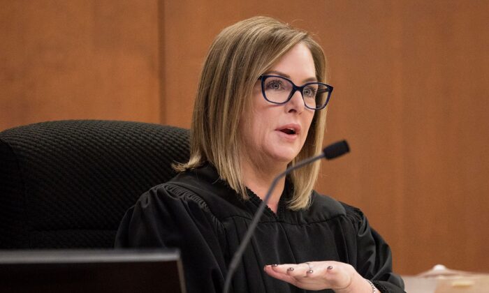 The Hon. Kellie Johnson presides over a hearing in Pima County Superior Court in Tucson, Ariz., on Aug. 19, 2022. (Mamta Popat/Arizona Daily Star via AP/Pool)