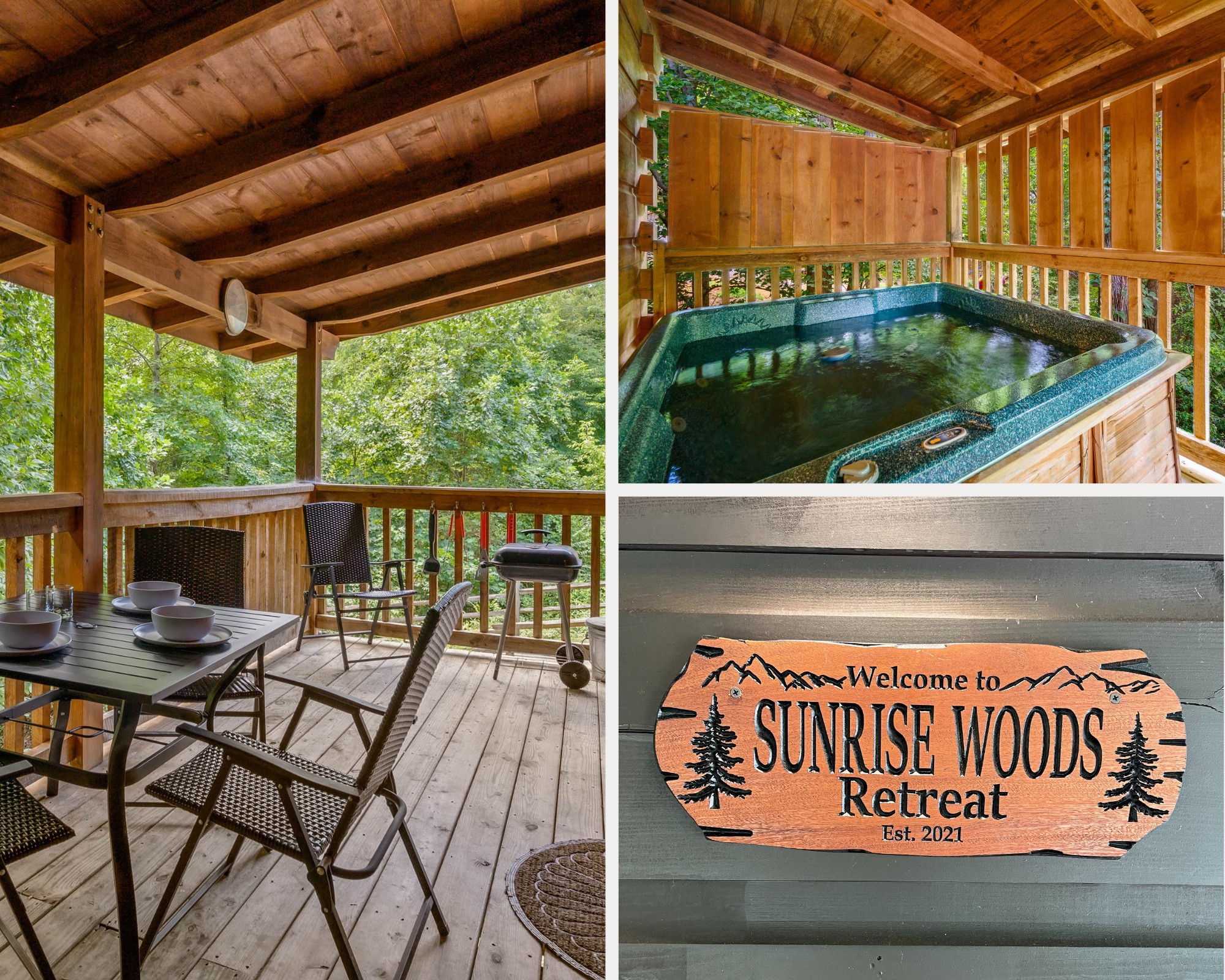 back deck of Sunrise Woods Retreat cabin