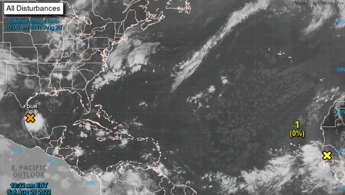 A graphical tropical weather outlook shows a system—currently labeled a disturbance—for the Gulf coast of Mexico from Boca de Catan north to the mouth of the Rio Grande river which has a 70 percent chance of developing into a cyclone in the next 48 hours, on Aug. 20, 2022. (Courtesy of NHC/Screenshot via The Epoch Times)