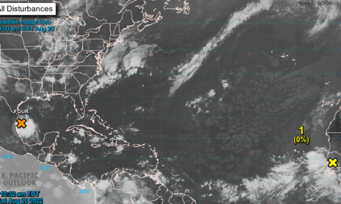 A graphical tropical weather outlook shows a system—currently labeled a disturbance—for the Gulf coast of Mexico from Boca de Catan north to the mouth of the Rio Grande river which has a 70 percent chance of developing into a cyclone in the next 48 hours, on Aug. 20, 2022. (Courtesy of NHC/Screenshot via The Epoch Times)