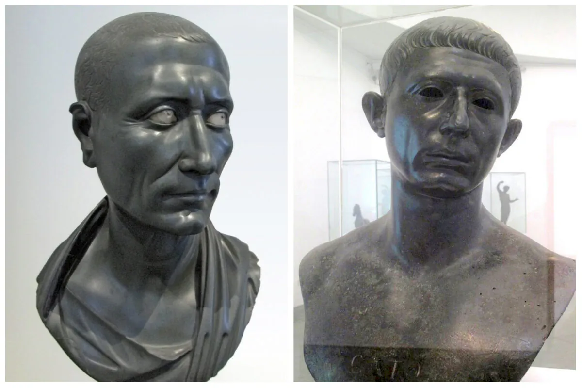 Bust of Caesar (L), first century A.D., Altes Museum, Berlin. (Public Domain); bust of Cato the Younger, Archaeological Museum of Rabat, Morocco. (Prioryman /CC BY-SA 3.0)