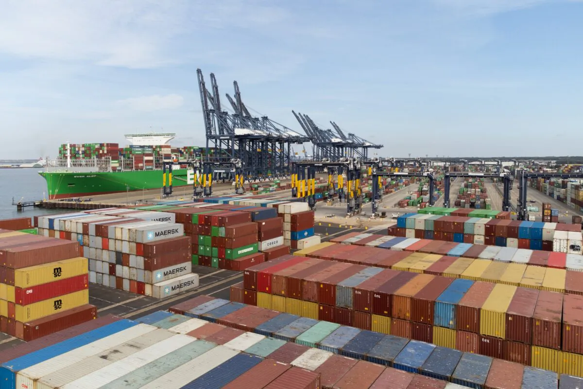 Shipping containers pictured at the Port of Felixstowe in Suffolk, England, on Aug. 21, 2022. (Joe Giddens/PA Media)
