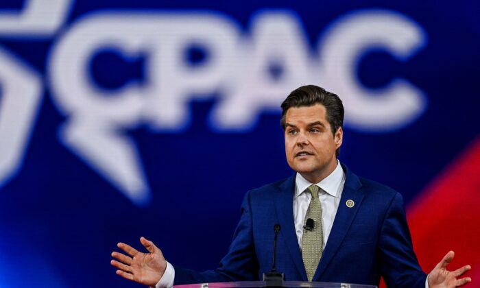 Rep. Matt Gaetz (R-Fla.) speaks at the Conservative Political Action Conference 2022 in Orlando, Florida, on Feb. 26, 2022. (Chandan Khanna/AFP via Getty Images)