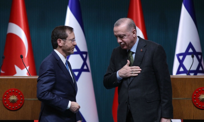 Israeli President Isaac Herzog (L) stands next to his Turkish counterpart Tayyip Erdogan after a press conference in Ankara, on March 9, 2022. (Photo by AFP) (Photo by STR/AFP via Getty Images)