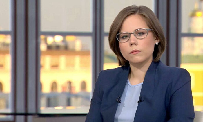Journalist and political expert Darya Dugina, daughter of Russian politologist Alexander Dugin, in the Tsargrad TV studio in Moscow in an undated photo. (Tsargrad.tv/Handout via Reuters)