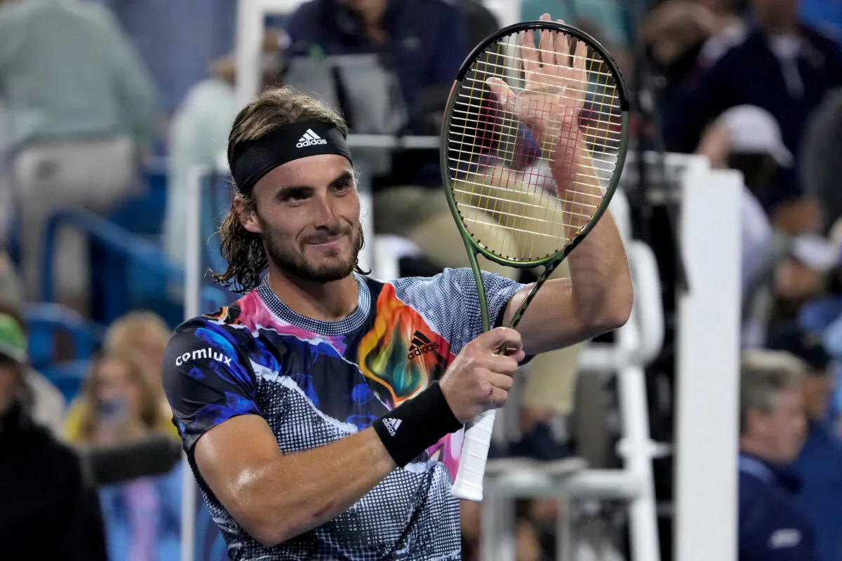 Stefanos Tsitsipas of Greece celebrates after defeating Daniil Medvedev of Russia 7–6, 3–6, 6–3 during the Western & Southern Open at the Lindner Family Tennis Center in Mason, Ohio, on Aug. 20, 2022. (Dylan Buell/Getty Images)