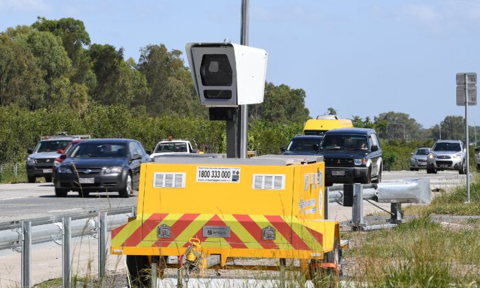 A mobile speed camera is seen on the M1 Motorway south of Brisbane, Australia, Jan. 15, 2018. (AAP Image/Dave Hunt)