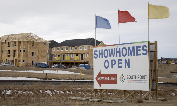 New houses under construction and for sale in Airdrie, Alta., on Jan. 28, 2022. (The Canadian Press/Jeff McIntosh)