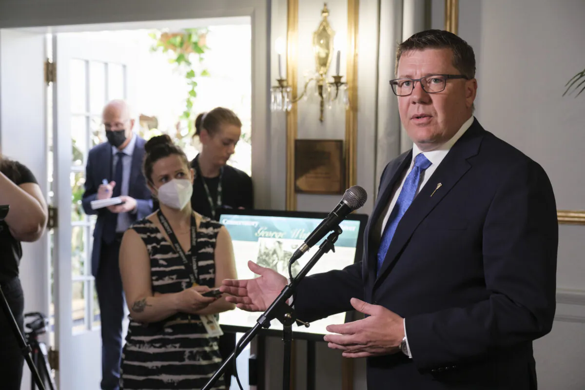 Premier Scott Moe speaks at a press conference at Government House in Regina on May 31, 2022. (The Canadian Press/Michael Bell)