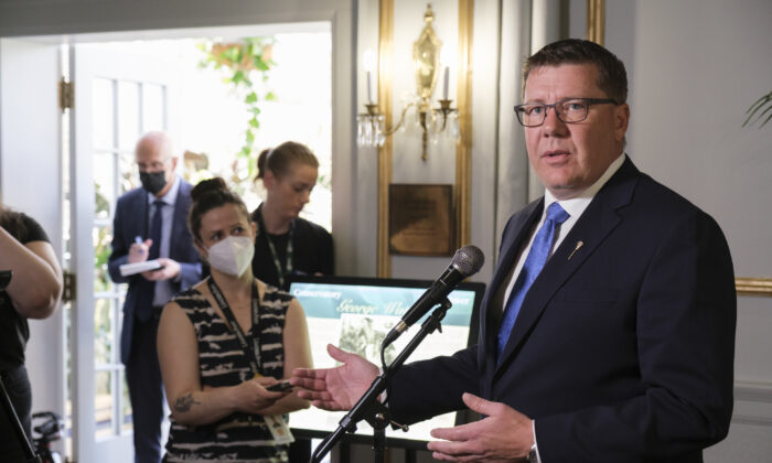 Premier Scott Moe speaks at a press conference at Government House in Regina on May 31, 2022. (The Canadian Press/Michael Bell)