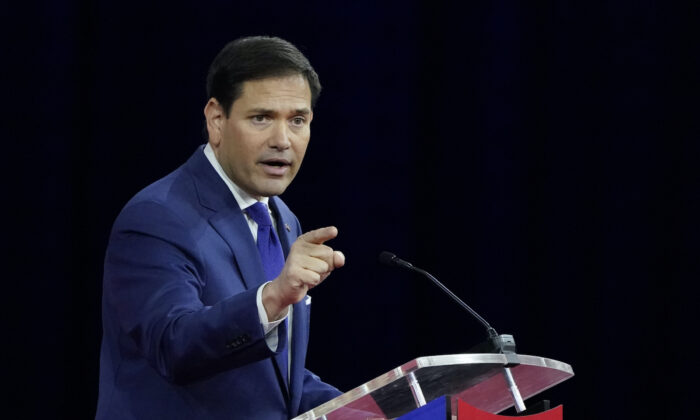Sen. Marco Rubio (R-Fla.) speaks at the Conservative Political Action Conference in Orlando, Fla., on Feb. 25, 2022. (John Raoux/AP Photo)
