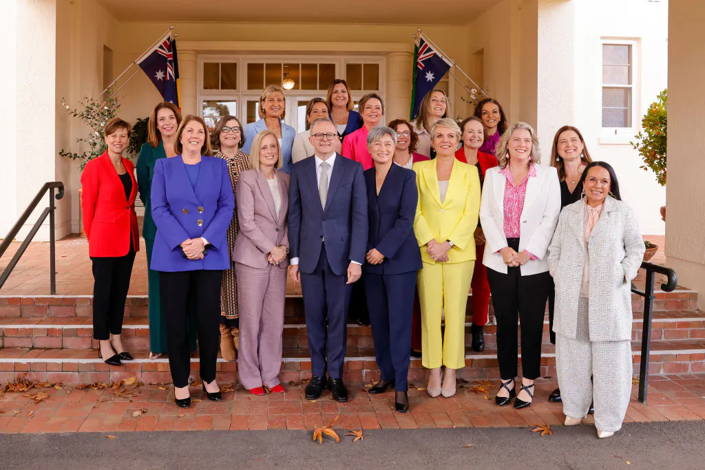 CANBERRA, AUSTRALIA - JUNE 01: Prime Minister Anthony Albanese poses for a group photo with his female ministers after a swearing-in ceremony at Government House on June 01, 2022 in Canberra, Australia. Prime Minister Anthony Albanese unveiled his new cabinet on Tuesday following the Labor party's victory in the Australian Federal election on 21 May 2022. (Photo by Jenny Evans/Getty Images)