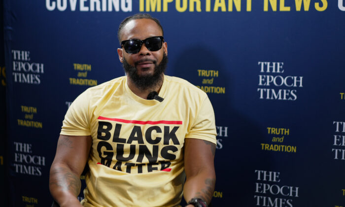 Maj Toure, rapper and founder of BlackGunsMatter, at the FreedomFest conference in Las Vegas, Nev., on July 14, 2022. (The Epoch Times)