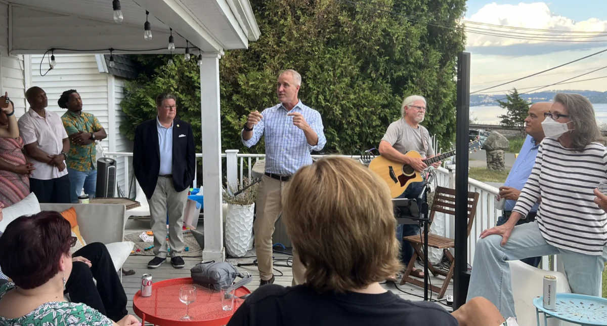 Rep. Sean Patrick Maloney (D-N.Y.) speaks with voters at a Stony Point, N.Y., meet-and-greet on Aug. 21, two days before his Congressional District 17 Democratic clash with state Sen. Alessandra Biaggi (D-Bronx) in what has evolved into a contentious primary between the party’s “establishment” centrists and its liberal left wing. (Courtesy of Sean Maloney for Congress)