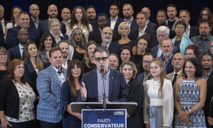 Quebec Conservative Party leader Eric Duhaime speaks during the unveiling of his election campaign platform in Drummondville, Que., Aug. 14, 2022. (The Canadian Press/Graham Hughes)