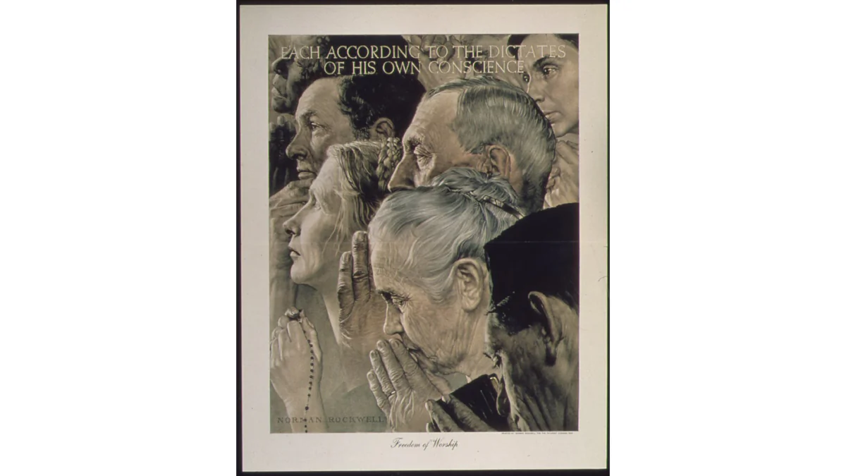 "Freedom of Worship," 1943, by Norma Rockwell. .” In his short essay, “Freedom of Worship,” Will Durant highlights the true value of this freedom by contemplating the little white church that he passes by on his walks. U.S. National Archives and Records Administration. (Public Domain)