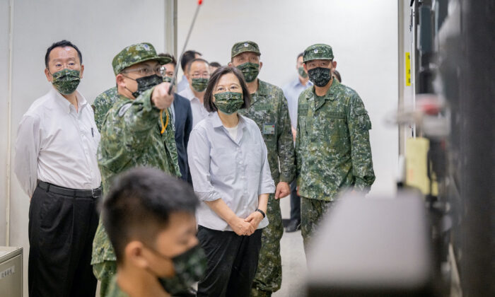 Taiwan's President Tsai Ing-wen visits soldiers at a military base in New Taipei City, Taiwan, on Aug. 23, 2022. (Taiwan Presidential Office/Handout via Reuters)