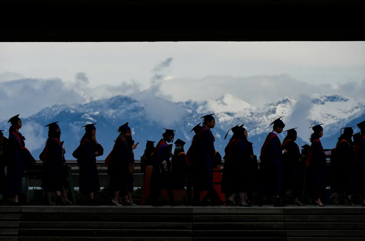 Graduates are silhouetted against the mountains as they line up for a spring 2020 convocation ceremony at a university in Burnaby, B.C., on May 6, 2022. (The Canadian Press/Darryl Dyck)