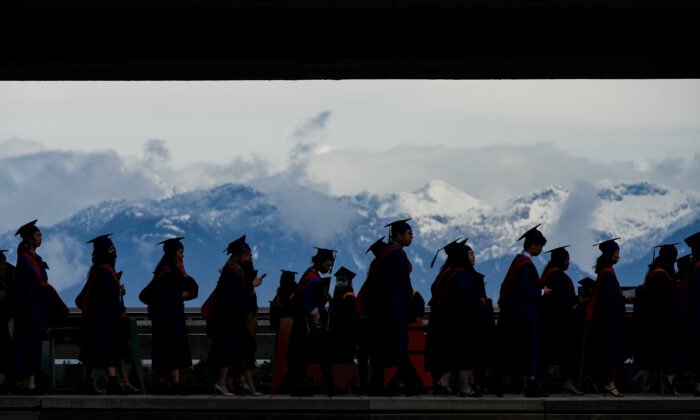 Graduates are silhouetted against the mountains as they line up for a spring 2020 convocation ceremony at a university in Burnaby, B.C., on May 6, 2022. (The Canadian Press/Darryl Dyck)