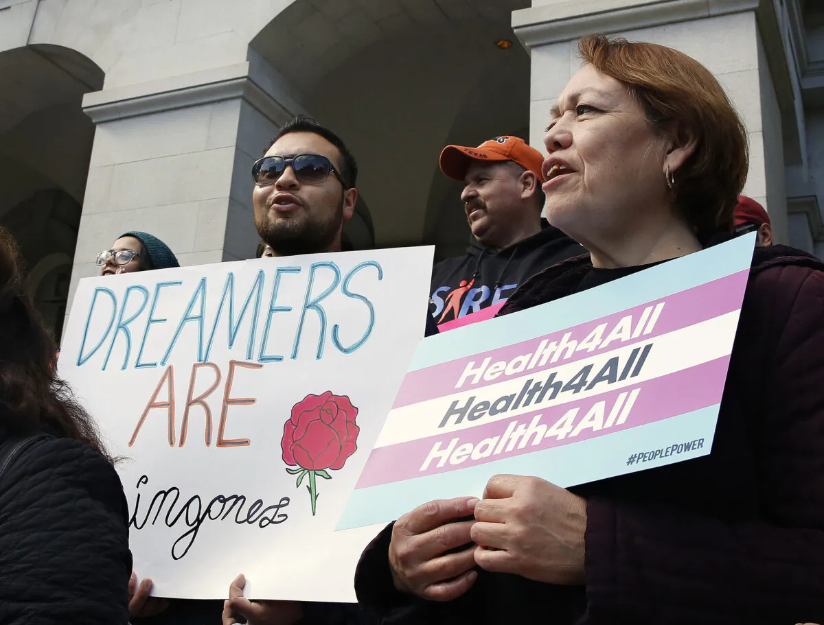 Supporters of proposals to expand California's government-funded health care benefits to illegal immigrants gather at the Capitol in Sacramento, on May 20, 2019. (Rich Pedroncelli/AP Photo)
