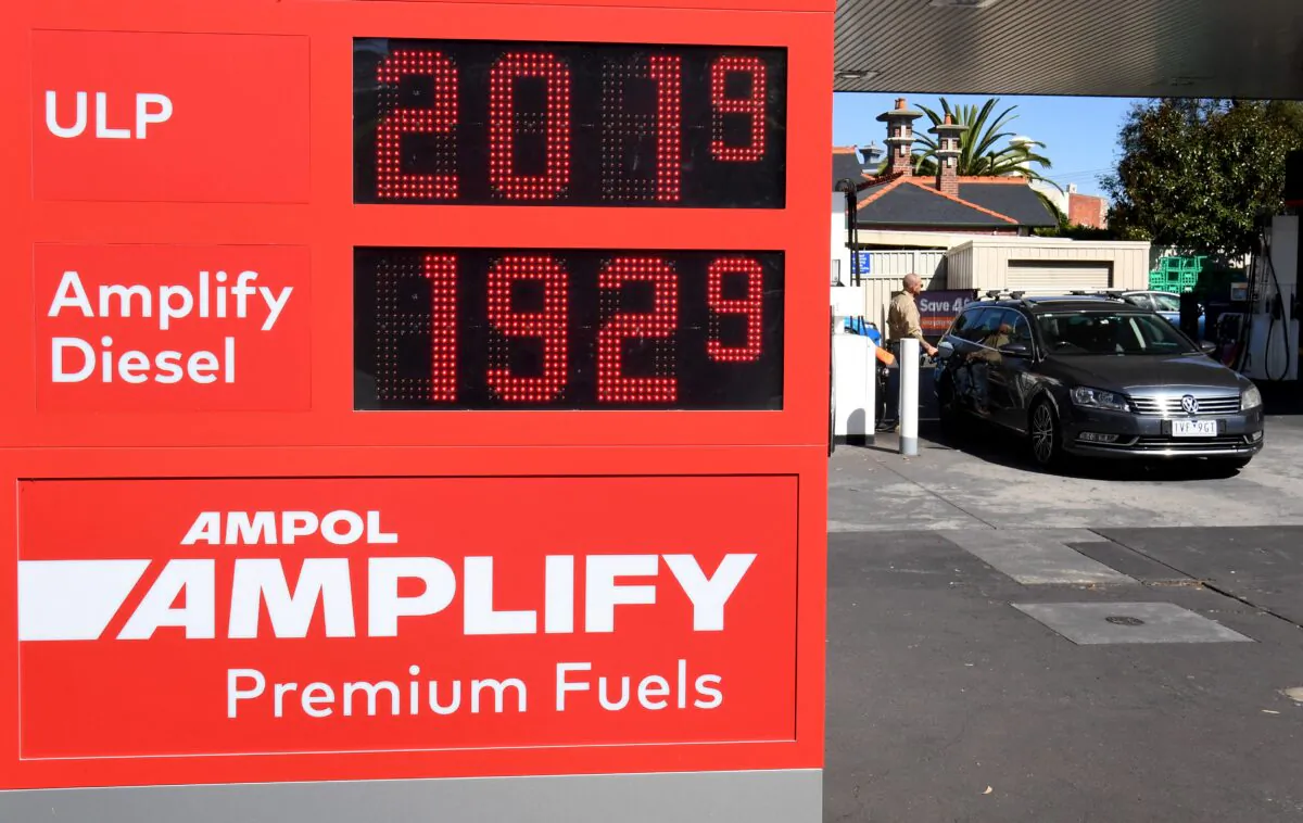 A sign outside an Ampol petrol station in Melbourne, Australia on March 3, 2022. (William West/AFP via Getty Images)