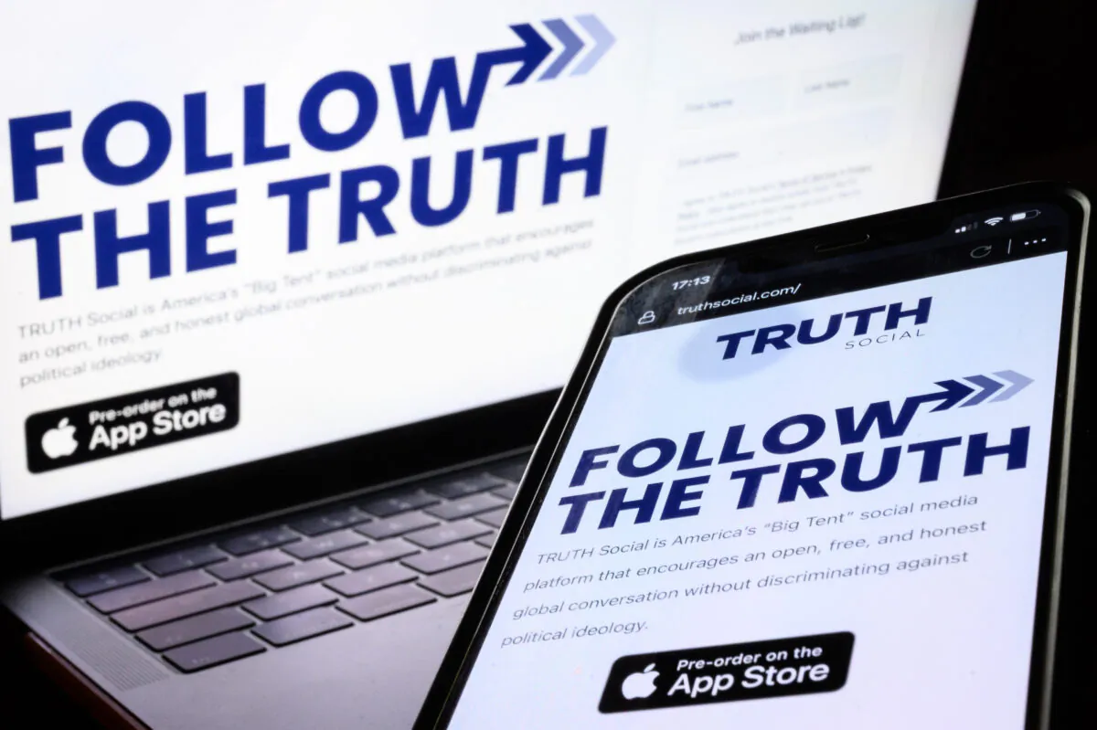 In this photo illustration, the holding screen for the "Truth Social" platform and app is seen in London, on Jan. 4, 2022. (Leon Neal/Getty Images)