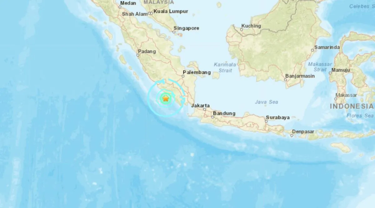 A map showing the location of an earthquake that struck Indonesia's Sumatra island on Aug. 23, 2022. (USGS/Screenshot via The Epoch Times)