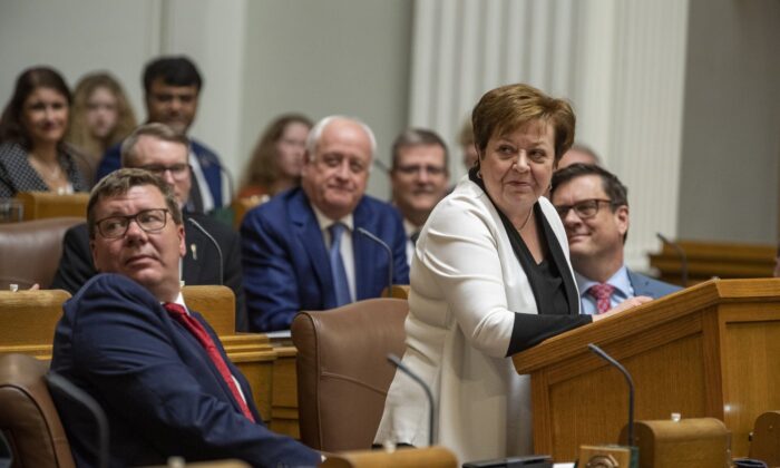 Finance Minister Donna Harpauer presents the Saskatchewan budget in the chamber of the legislator in Regina on March 23, 2022. (The Canadian Press/Liam Richards)