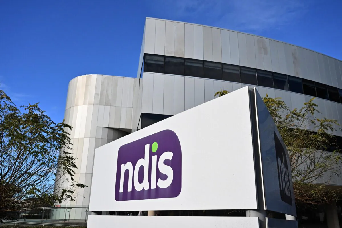 The National Disability Insurance Scheme NDIS logo is seen at its head office in Canberra, Australia, on June 22, 2022. (AAP Image/Mick Tsikas) 