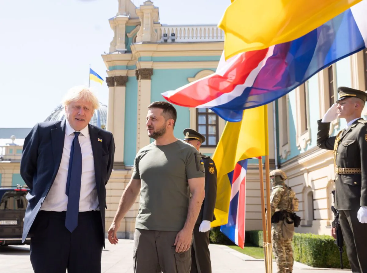 Ukrainian President Volodymyr Zelenskyy meets UK Prime Minister Boris Johnson, in Kyiv, on Aug. 24, 2022. (PA Media/Ukrainian Presidential Press Office)