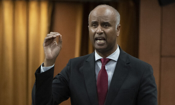 Diversity and Inclusion Minister Ahmed Hussen rises during question period on Parliament Hill in Ottawa on June 2, 2022. (The Canadian Press/Adrian Wyld)