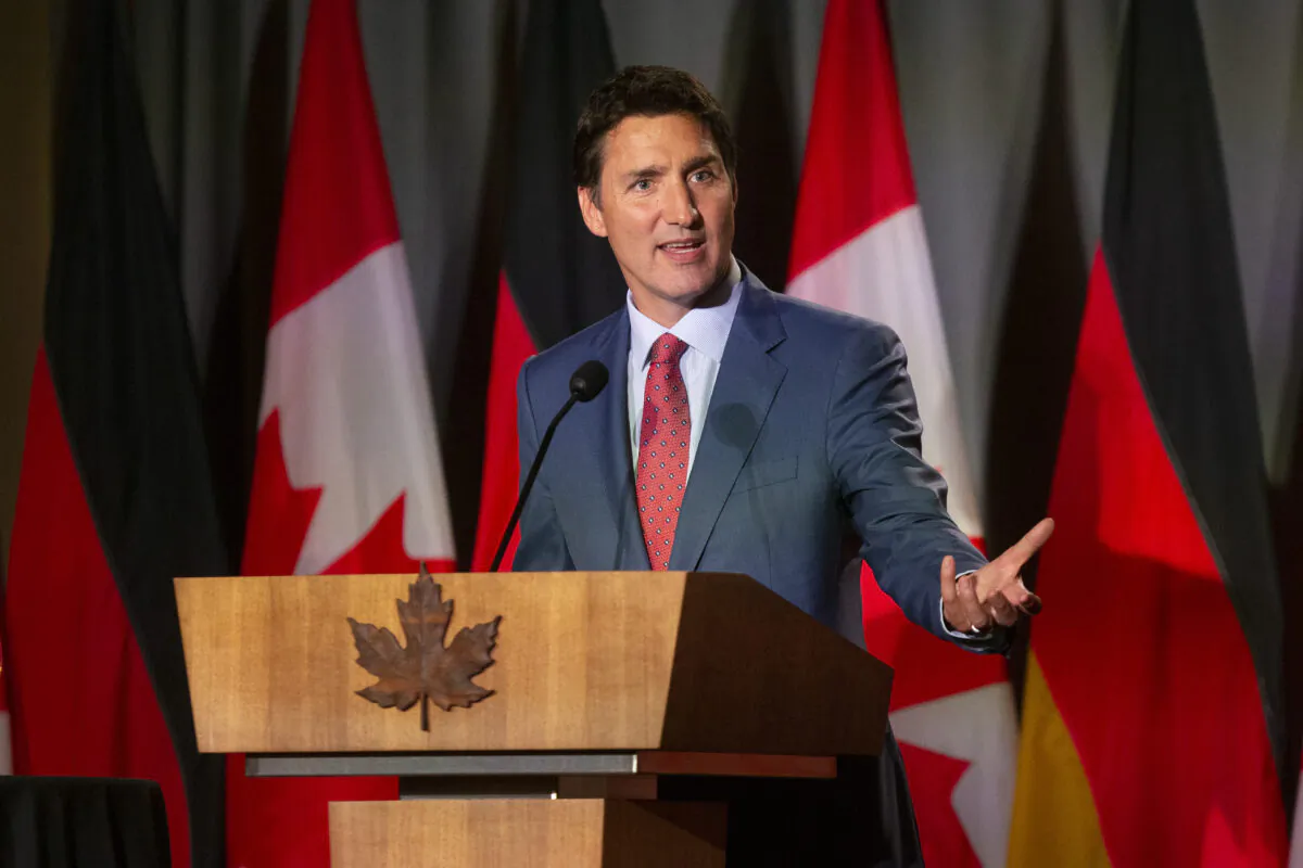 Canadian Prime Minister Justin Trudeau speaks at a dinner attended by Chancellor of Germany, Olaf Scholz in Toronto on Aug. 22, 2022. (Chris Young/The Canadian Press)