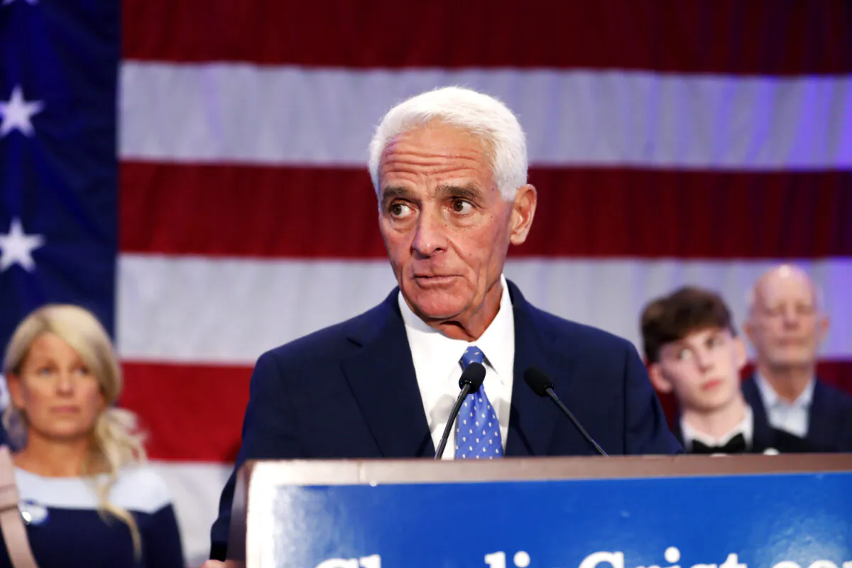 Florida gubernatorial candidate Rep. Charlie Crist (D-Fla.) gives a victory speech after defeating gubernatorial candidate, Commissioner of Agriculture Nikki Fried in the primary election at the Hilton St. Petersburg Bayfront in St Petersburg, Fla., on Aug. 23, 2022. (Octavio Jones/Getty Images)