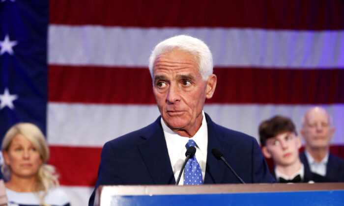 Florida gubernatorial candidate Rep. Charlie Crist (D-Fla.) gives a victory speech after defeating gubernatorial candidate, Commissioner of Agriculture Nikki Fried in the primary election at the Hilton St. Petersburg Bayfront in St Petersburg, Fla., on Aug. 23, 2022. (Octavio Jones/Getty Images)