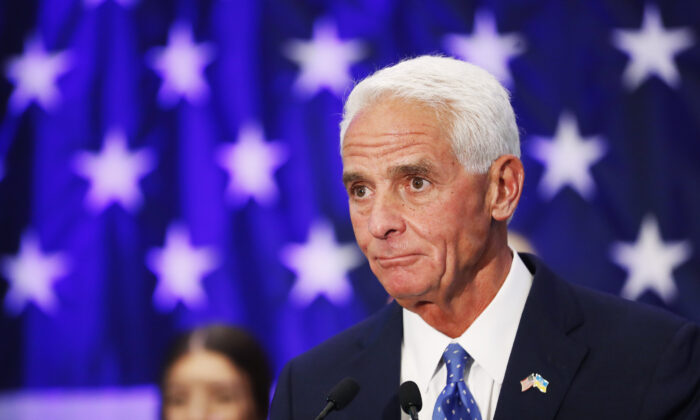 Florida Gubernatorial candidate Rep. Charlie Crist (D-Fla.) gives a victory speech after defeating gubernatorial candidate, Commissioner of Agriculture Nikki Fried in the primary election at the Hilton St. Petersburg Bayfront in St. Petersburg, Fla., on Aug. 23, 2022. (Octavio Jones/Getty Images)